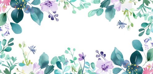 Beautiful green and purple watercolor floral isolated copy space on white background. AI generated - obrazy, fototapety, plakaty
