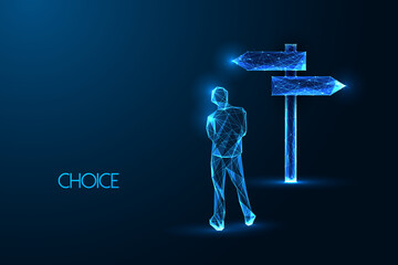Decision making, choice, dilemma futuristic concept. Man looks signpost showing different directions