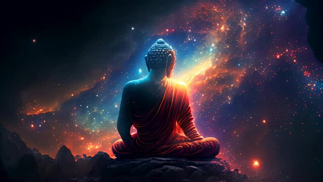 Meditative Buddha in a Lotus Pose cosmic background and with mandala sky 3d footage. Sacred and spiritual video
