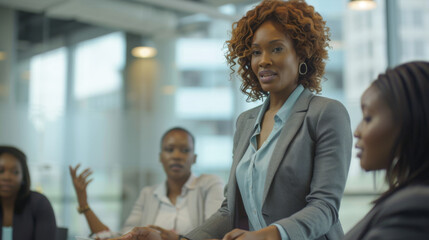woman addressing a group of seated colleagues in a bright, modern office environment.