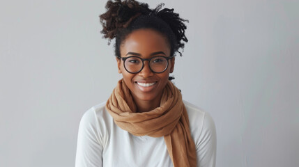 a smiling person is wearing round eyeglasses and a scarf, giving off a relaxed and stylish vibe against a gray background. - obrazy, fototapety, plakaty