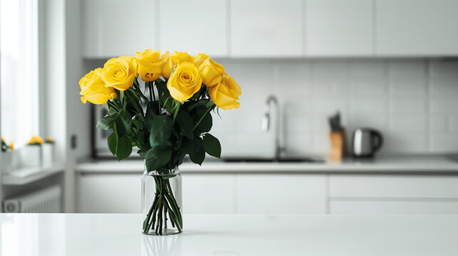 Photo of a minimalist kitchen, and a bouquet of yellow roses stands out on the white counter
