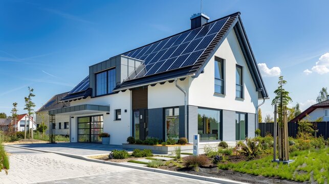 New suburban house with photovoltaic system on the roof Eco-Friendly Modern Passive House with Solar Panels on Roof