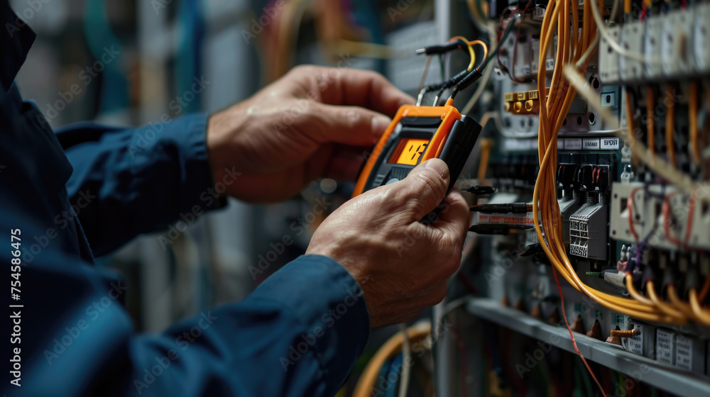Poster a technician in professional attire is carefully using a digital multimeter to check or troubleshoot