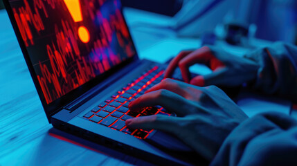 Close-up of a person's hands typing on a backlit laptop keyboard with a screen displaying what appears to be a warning or error message