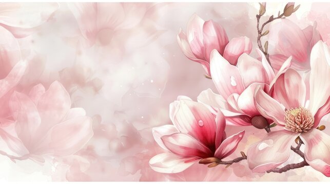 Beautiful magnolia flower with watercolor style background and invitation wedding card, AI generated