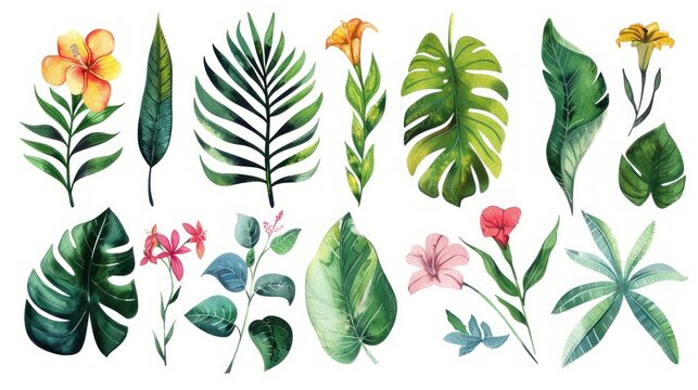 Tropical watercolor set flowers and leaves collection on the white background. AI generated image