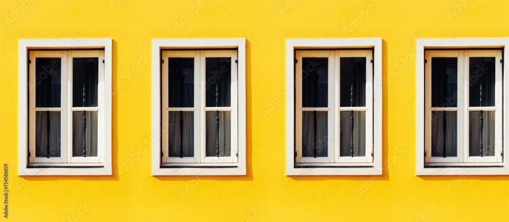 Poster a yellow building with three windows and a bench in front of it. the building has a white wall and a