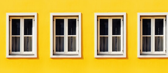 Obraz premium A yellow building with three windows and a bench in front of it. The building has a white wall and a simple yet charming appearance.