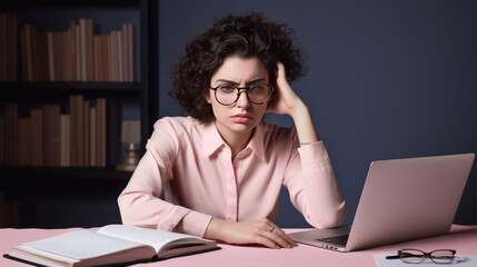 Stressed woman, sitting at an office desk, holding her head in her hands with a laptop in front of her