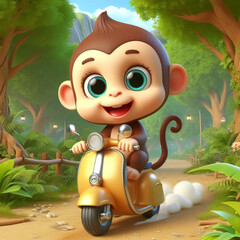 3D funny monkey cartoon driving a scooter. Fun animals for children's illustrations. AI generated
