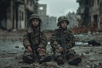 Two young boys in military uniforms sit on the ground in a bombed out city. Concept of International Day of United Nations Peacekeepers