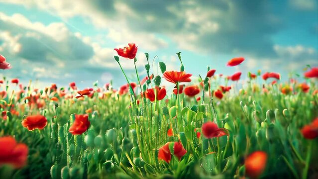 Landscape of a beautiful poppy field at sunset. 3d animation