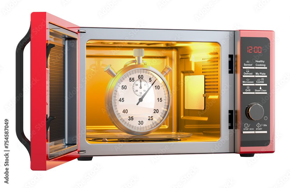 Poster microwave oven with stopwatch inside, 3d rendering isolated on transparent background