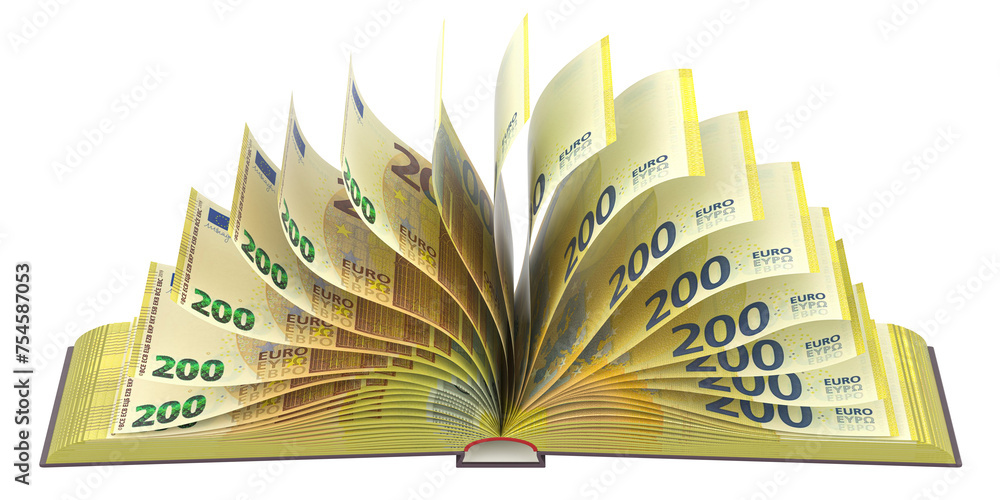 Poster opened book with euros as pages, 3d rendering isolated on transparent background