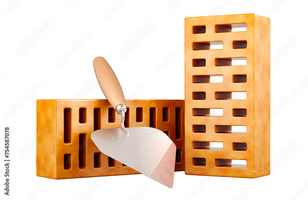 Poster red bricks and masonry trowel. construction and building concept. 3d rendering isolated on transpare