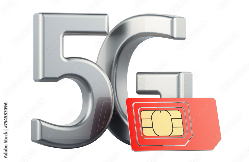 Poster 5g with sim card, 3d rendering isolated on transparent background