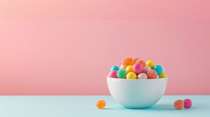 Colorful candies in a bowl pastel color background