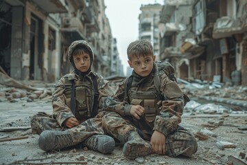 Two young boys in military uniforms sit on the ground in a destroyed city. Concept of International Day of United Nations Peacekeepers