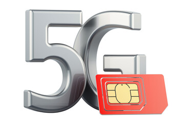5G with sim card, 3D rendering isolated on transparent background