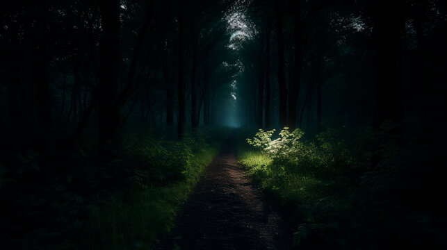 Person navigating dark forest at night with flashlight in hand