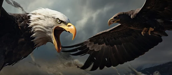 Foto op Canvas Two bald eagles fiercely clash mid-air, grappling with their sharp talons and beaks as they fight for dominance. The cloudy sky sets a dramatic backdrop for this intense struggle. © TheWaterMeloonProjec