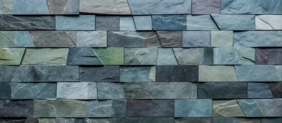 A stone wall constructed with different colored blocks in a trapezoid pattern. The wall showcases a modern style design with green slate stones and cement.