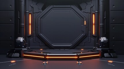 Obraz premium Empty podium against a black background with orange neon lines, clean, modern, and minimalist.