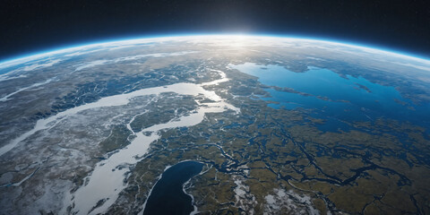 Fototapeta premium Realistic Earth From Space Close Up Atmosphere North Pole Siberia Permafrost Tundra