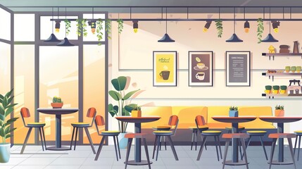 In this flat vector illustration, a modern café interior is depicted, characterized by sleek and contemporary design elements. 