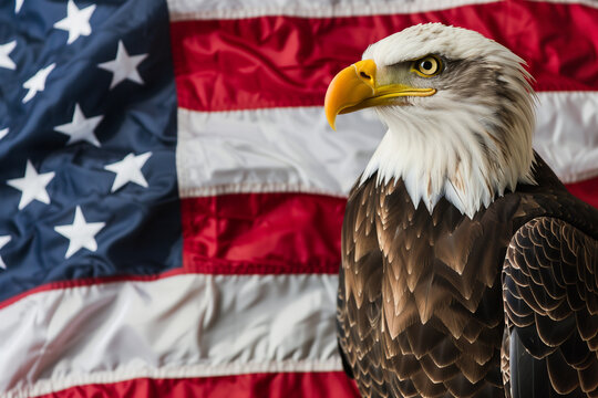 a close-up of a bald eagle with an American flag in the background