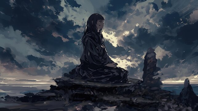 Solitary Figure Sitting Atop a Rocky Formation Under a Dynamic Sky at Dusk