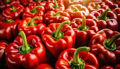 high quality photo . Full frame view from above abundance of vibrant shiny red bell peppers