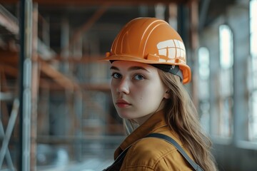 A woman wearing a yellow jacket and orange helmet. She is looking at the camera. Concept of international workers' day