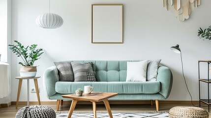 
The stylish interior design of the living room features a modern mint sofa as the centerpiece, complemented by a wooden console, cube coffee table, and elegant accessories