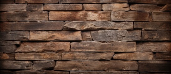A sturdy stone wall stands against a rustic brown background. The walls rough texture and earthy tones create a strong visual contrast with the warm brown color behind it.