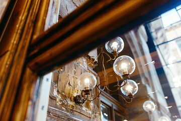 Vintage wall sconce with glowing bulbs in a rustic interior setting.