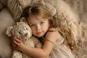 cute little child girl cuddling a teddy bear