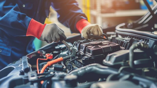 The focused service of fitting a car battery with a wrench is captured, highlighting the precision in automotive maintenance