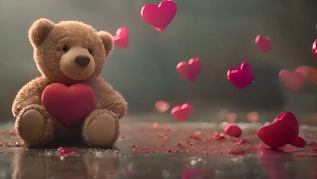 Romantic Love Teddy Bear With Heart Sitting on Ground Generative AI