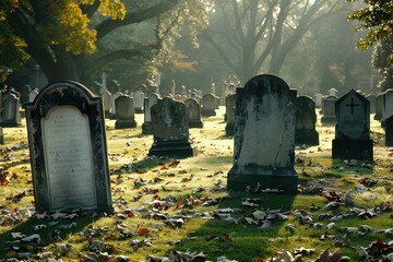 Vintage tombstone in a misty cemetery during autumn with scattered leaves and sunlight.