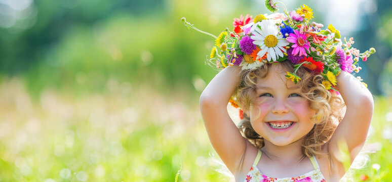 portrait of a little girl smiling wearing flower wreath on her head outside in a field on a sunny summer day, banner with copy space