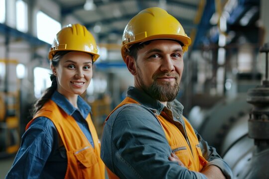Two workers wearing safety gear and smiling for the camera. Scene is positive and friendly. Concept of international workers' day