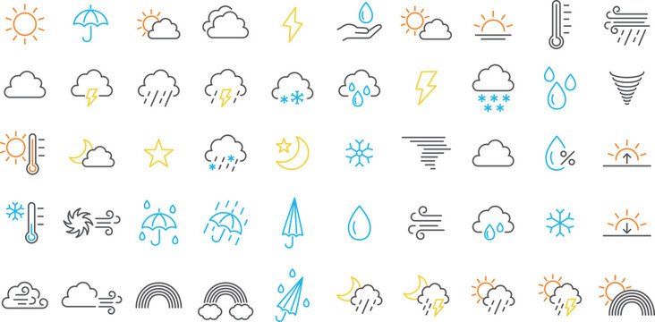 カラーの天候の線画イラストセット