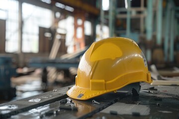 A yellow hard hat is sitting on a table in a dirty, industrial setting. Scene is one of caution and safety. Concept of international workers' day