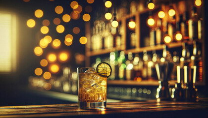 Whiskey Highball cocktail on a wooden bar top, with a bokeh background  - Powered by Adobe