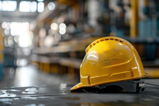 A yellow hard hat is on a wet surface. Concept of caution and safety in a potentially hazardous environment. Concept of international workers' day