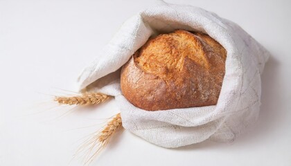 high quality photo . Small crusty bread loaf flour, wheat ear , milk in bottle