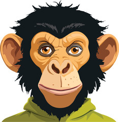 a smiling cartoon chimpanzee dressed in a stylish green jacket