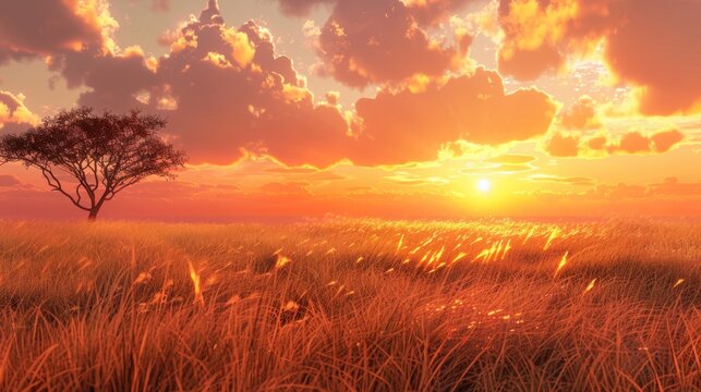 Beautiful savanna grass on sunset view. AI generated image